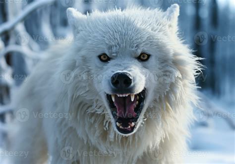 AI generated Fierce and angry arctic white wolf in winter landscape with falling snow 34983112 ...