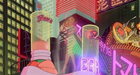 an animated city scene with neon signs and tall buildings