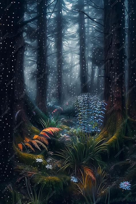 Premium AI Image | A painting of a forest with a blue flower in the middle.