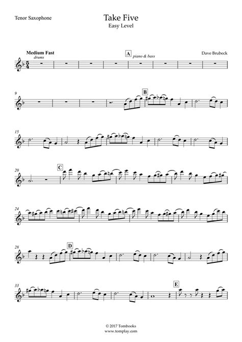 Take Five (Easy Level, tenor Sax) (Brubeck) - Saxophone Sheet Music