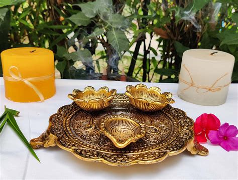 Buy Aluminium Golden Color Plate for Puja Diwali Gift Items Deepawali Decorations Indian ...