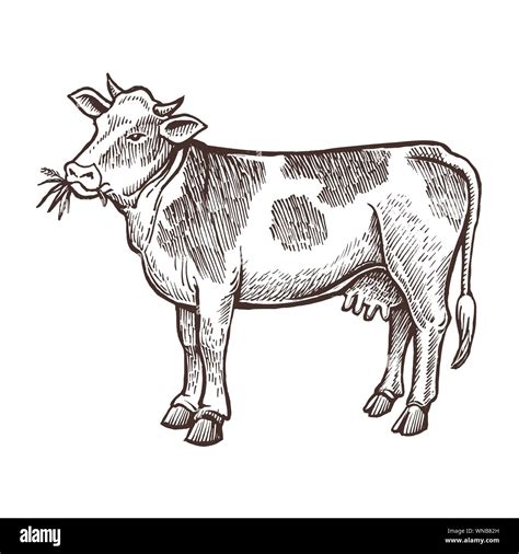 Cow farm animal sketch, isolated cow on the white background. Vintage style. Vector illustration ...