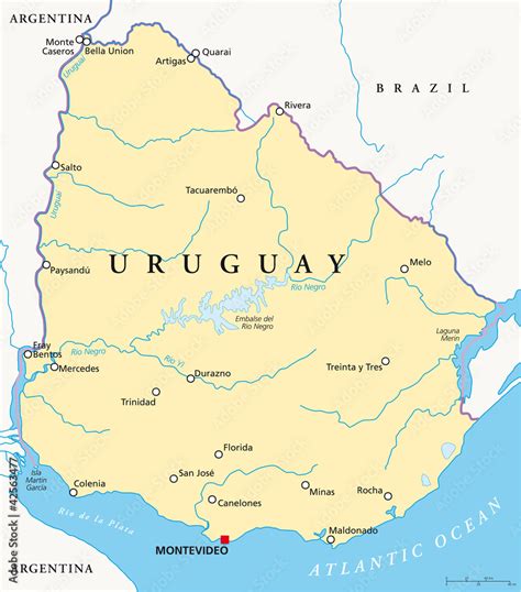 Uruguay political map with capital Montevideo, national borders, most important cities, rivers ...