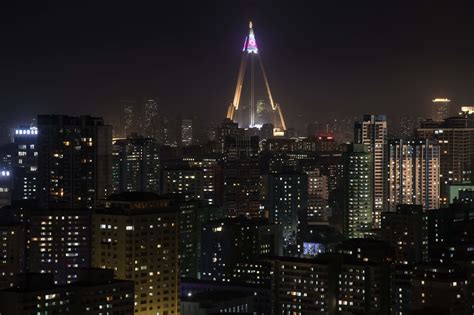 Ryugyong Hotel, Pyongyang, NK, at night : r/bizarrebuildings