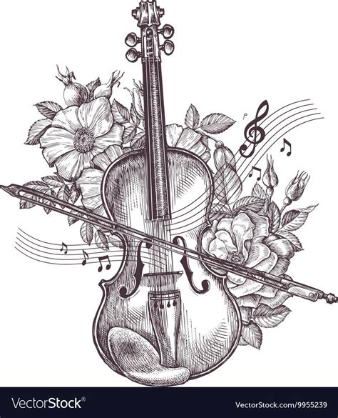 Vintage fiddle hand drawn retro the violin and flowers vector ...