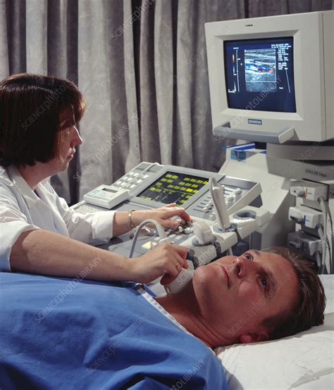 Doppler ultrasound scanning of carotid artery - Stock Image - M406/0154 - Science Photo Library