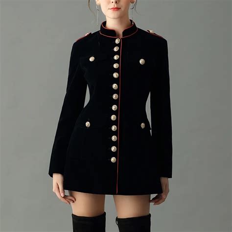 navy blue velvet military jacket autumn winter women's fashion jackets button epaulet single ...