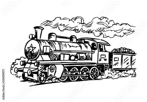 retro steam locomotive, historical train, black and white clipart Stock Vector | Adobe Stock