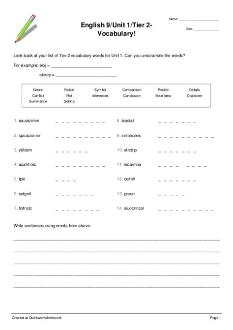 English 9/Unit 1/Tier 2-Vocabulary! - Word Scramble - Quickworksheets