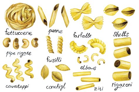 Watercolor drawing, pasta types set. cute vintage illustration, pasta ...