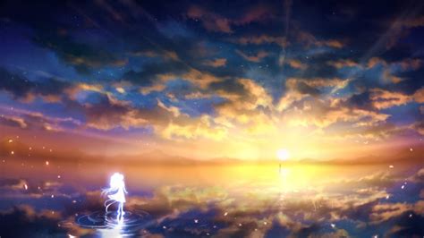 anime, Girl, Sunset, Sky, Clouds, Beauty, Landscape Wallpapers HD / Desktop and Mobile Backgrounds