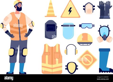 Builder safety equipment. Construction worker, protection and work gear. Man in vest glasses ...