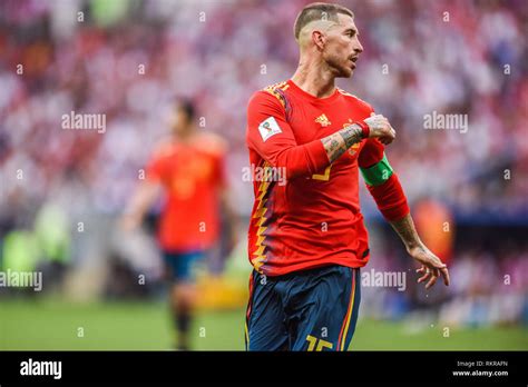 Moscow, Russia - July 1, 2018. Spain national football team captain Sergio Ramos during FIFA ...