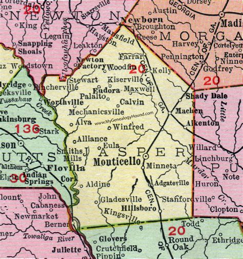 Jasper County, Georgia, 1911, Map, Monticello, Shady Dale, Adgateville, Hillsboro