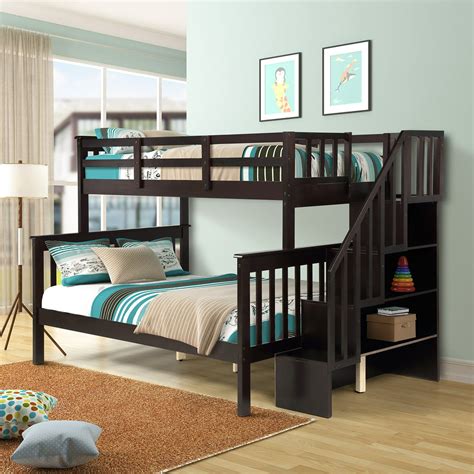 Kepooman Stairway Twin-Over-Full Wooden Bunk Bed with Stairs & Storage for Bedroom Dorm, 91.73"L ...