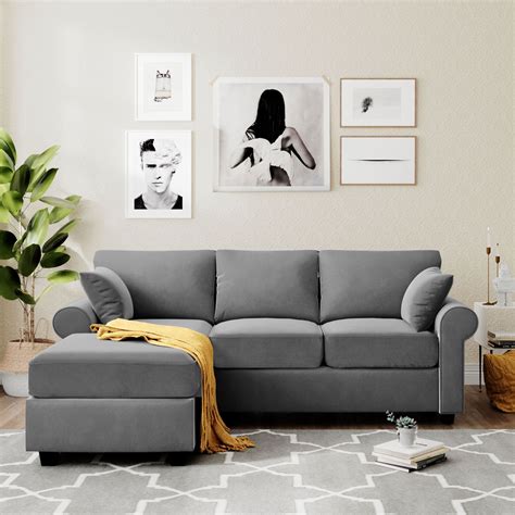 Modern L-Shaped Sectional Sofa, Gray Mid Century Couches and Sofas with ...