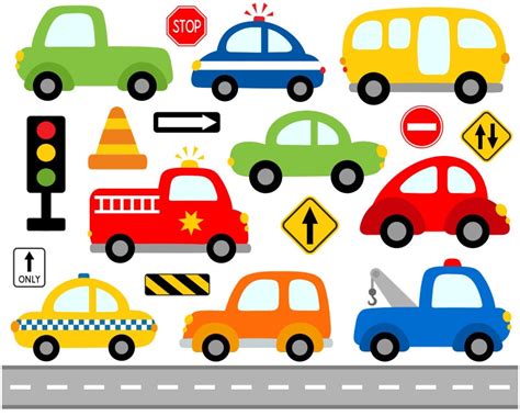 Cute Cars Digital Clip Art, Transportation, Road Signs Illustration, Fire Truck, Police Car ...