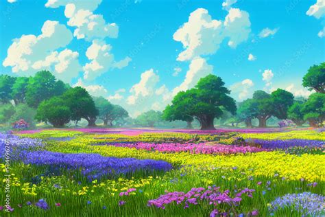 Beautiful fantasy landscape field full of spring with flowers field, beautiful sky, anime style ...