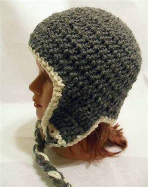 Crochet Beanie in Grey with Ear Flaps Adult by AddSomeStitches