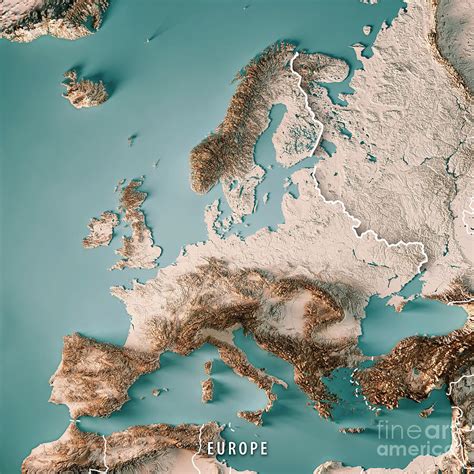 Europe 3D Render Topographic Map Neutral Border by Frank Ramspott