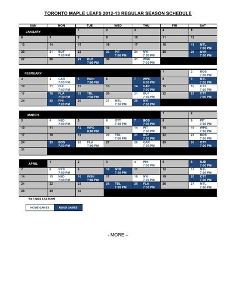 Printable Regular Schedule - Toronto Maple Leafs