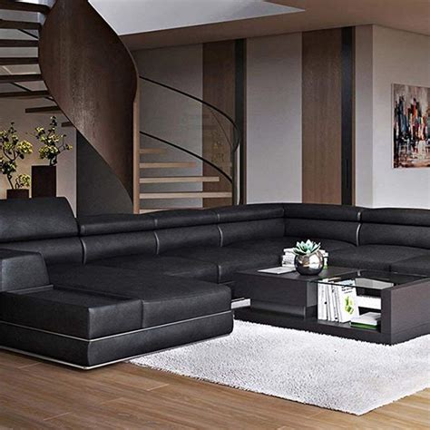 Modern Black Leather Sectional Sofa - ZURI Wynn U-Shaped with Adjustable Headrests