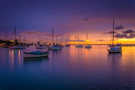 Boats in Biscayne Bay at Sunset, Seen from Miami Beach, Florida. Stock Photo - Image of miami ...