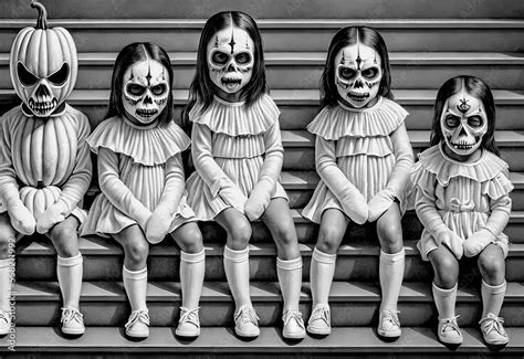 girls with spooky halloween masks generative AI illustration Stock Illustration | Adobe Stock