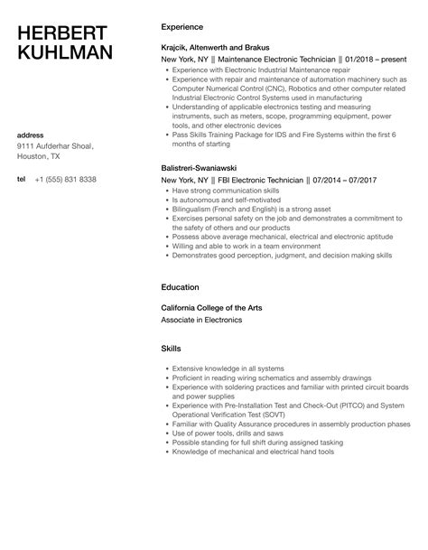 Electronic Technician Resume Samples | Velvet Jobs