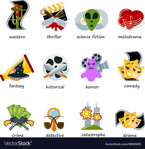 Cinema genre icons set flat comedy drama Vector Image