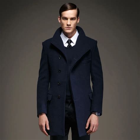 Men Button Navy Blue Wool Coat Jacket, Men's Wool Blend Buttoned Top ...