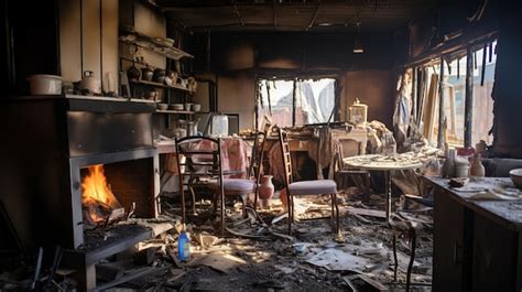 Premium AI Image | photograph of Aftermath of a house fire Ruined house interior in building ...