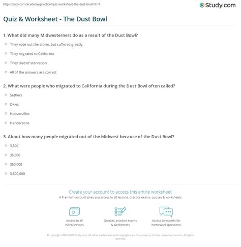 Quiz & Worksheet - The Dust Bowl | Study.com