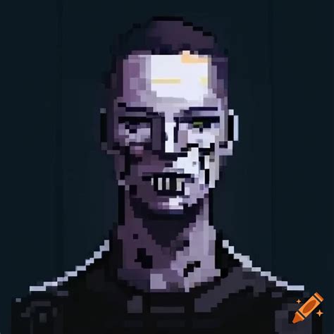 Black and white pixel art of a cyberpunk character with implants on Craiyon