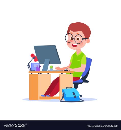 Child at computer cartoon boy learning desk Vector Image