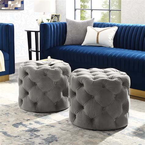 Inspired Home Perilous Velvet Ottoman Allover Tufted Round Modern Contemporary 1 PC, Grey ...