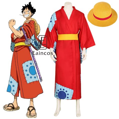 Anime One Piece Cosplay Monkey D Luffy Wano Country Arc Cosplay Costume Hat Kimono Yukata Outfit ...