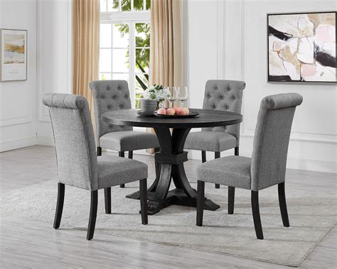 Roundhill Furniture Siena Distressed Black Finish 5-Piece Dining set, Pedestal Round Table with ...