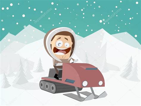 Funny cartoon man with snowmobile and winter background Stock Vector by ...