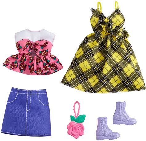 Barbie Fashions 2-Pack Clothing Set, 2 Outfits for Barbie Doll Include Yellow Plaid Dress ...