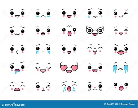 Kawaii Cute Faces. Anime Comic Funny Emotion. Japanese Emoji Elements. Crying And Cheerful ...