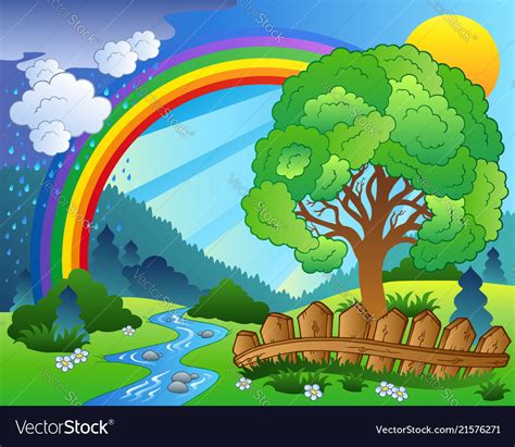 Landscape with rainbow and tree Royalty Free Vector Image