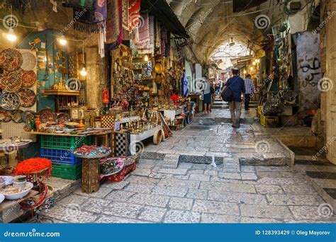 JERUSALEM, ISRAEL - April 2, 2018: East Market in Old Jerusalem with Variety of Middle East ...