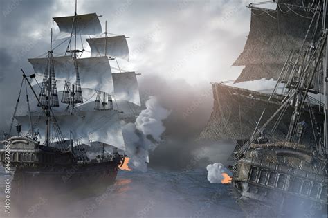 sea battle with a sailing pirate ship 3d,render Stock Illustration | Adobe Stock