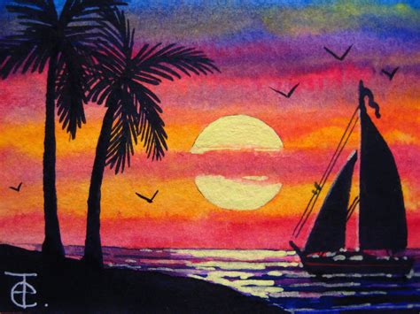 ACEO WATERCOLOR PAINTING - HOW TO PAINT OCEAN SUNSET WITH PALM TREES - LANDSCAPE SEASCAPE NATURE ...