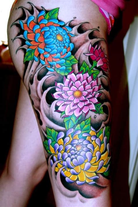 Colored Japanese Flowers Tattoos On Right Leg