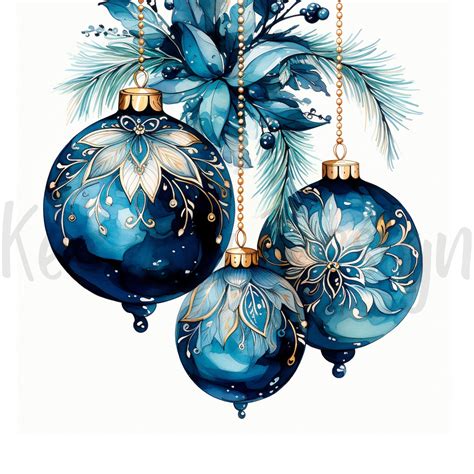 Blue Christmas Ornaments Clipart 12 High Quality Jpgs, Merry Christmas, Watercolor Blue ...