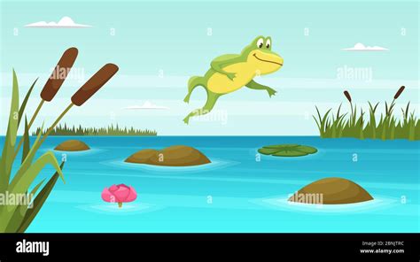 Frog jumping in pond. Vector cartoon background Stock Vector Image & Art - Alamy