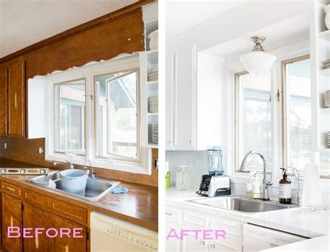 Before and after kitchen where the dated scalloped wood valance over the kitchen sink was ...