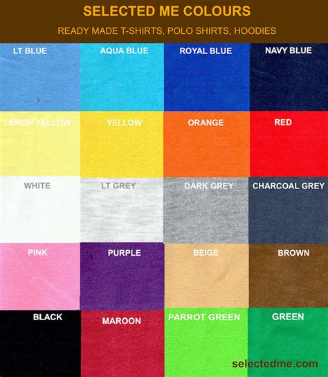 Selected Me Colour Card for Ready made Polo Shirts & T-shirts colour chart & colour guide